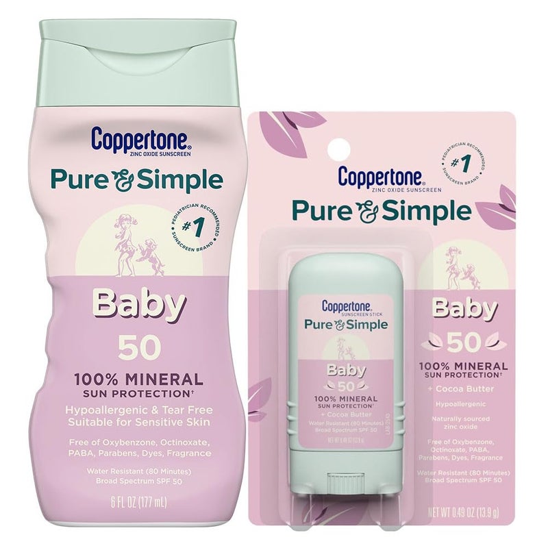 Coppertone لوسيون واقي شمس معدني للأطفال نقي وبسيط SPF 50 (6 أونصة سائلة) + عصا واقي شمس للأطفال SPF 50 (0.49 أونصة) ، خالي من المواد المسببة للحساسية وخالي من العطور - Image 1